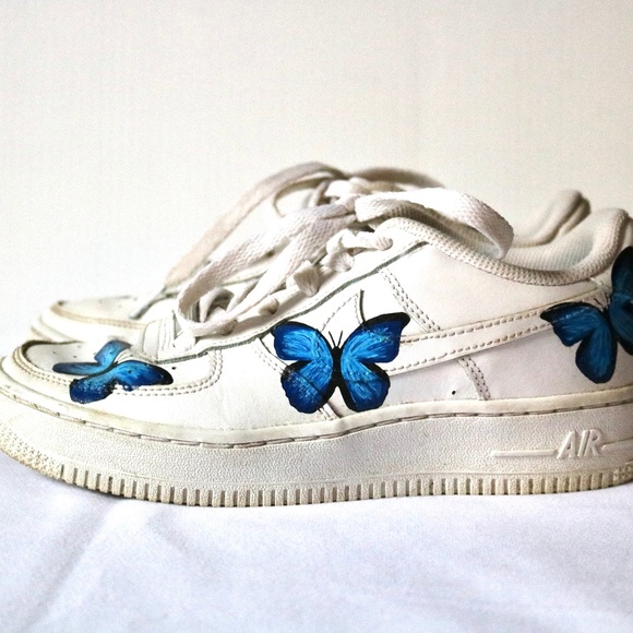 NIKE Air Force One White Customized Blue Butterfly Youth 4.5 (EU 36.5) - Picture 4 of 14